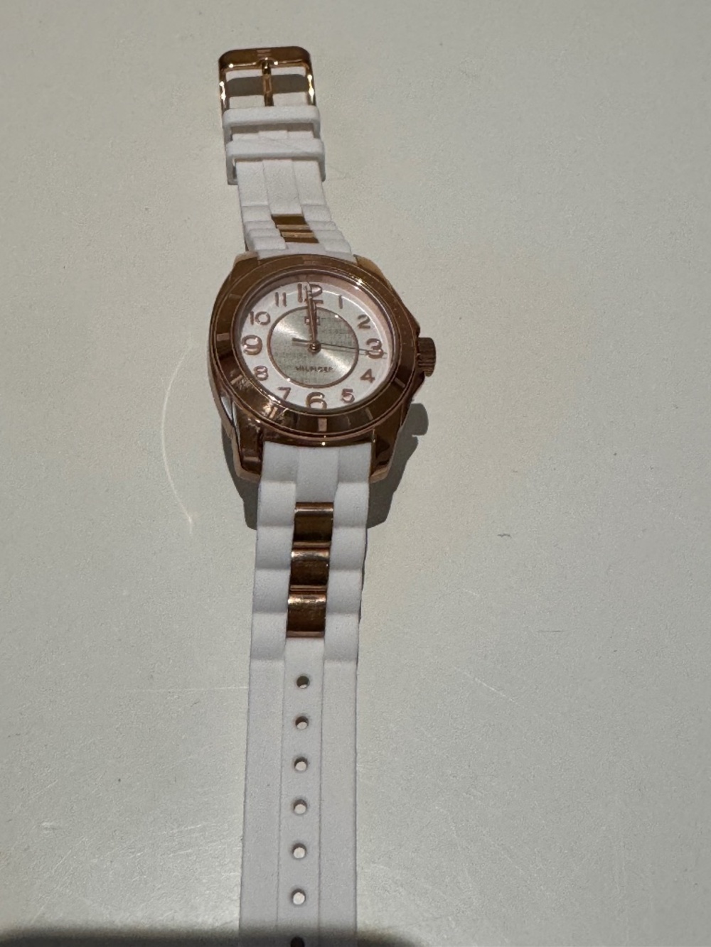 Hilfiger watch white band with rose gold trimming